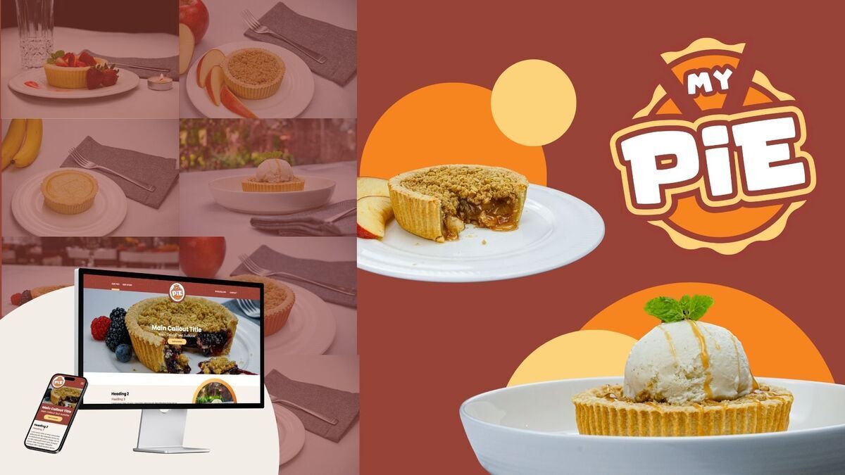 My Pie logo, pie with ice cream, and website on computer and phone